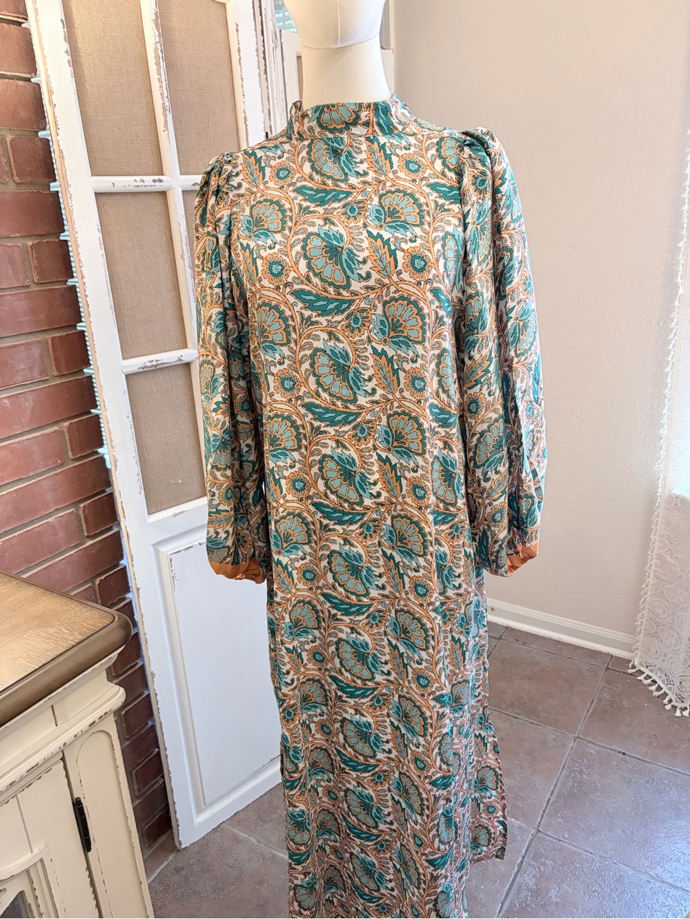 Raga Paisley Floral Mock Neck Balloon Sleeve Maxi Dress S Teal Peach Boho NWT